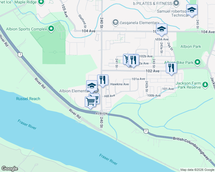 map of restaurants, bars, coffee shops, grocery stores, and more near 10115 240A Street in Maple Ridge