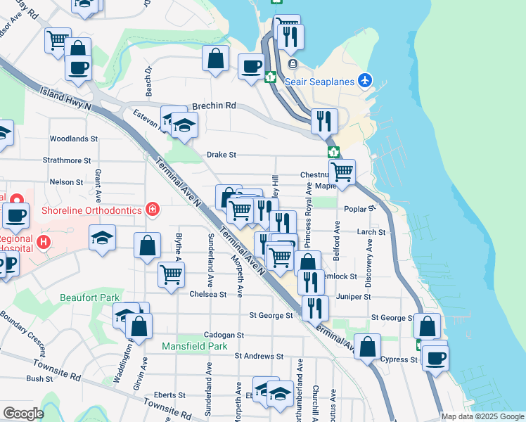 map of restaurants, bars, coffee shops, grocery stores, and more near 655 Poplar Street in Nanaimo