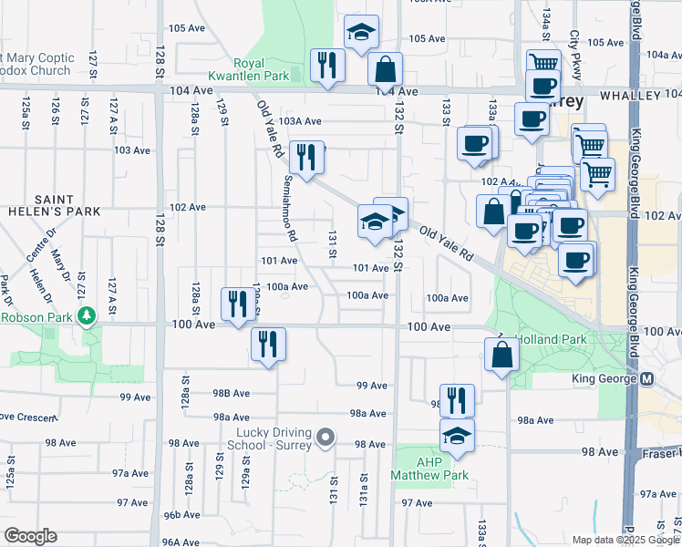 map of restaurants, bars, coffee shops, grocery stores, and more near 13106 101 Avenue in Surrey