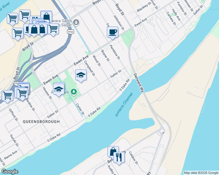 map of restaurants, bars, coffee shops, grocery stores, and more near 188 Wood Street in New Westminster