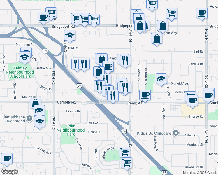 map of restaurants, bars, coffee shops, grocery stores, and more near 10271 Shellbridge Way in Richmond