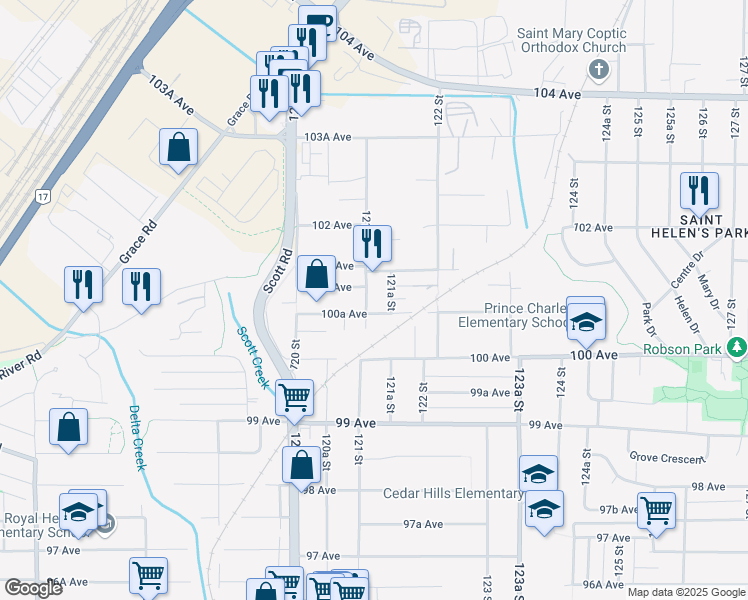 map of restaurants, bars, coffee shops, grocery stores, and more near 10088 121 Street in Surrey