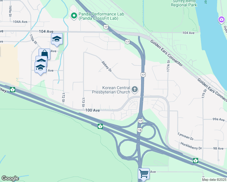 map of restaurants, bars, coffee shops, grocery stores, and more near 174A Street in Surrey