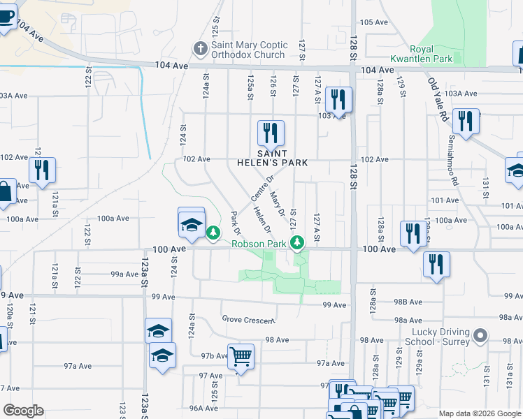 map of restaurants, bars, coffee shops, grocery stores, and more near 10096 Helen Drive in Surrey