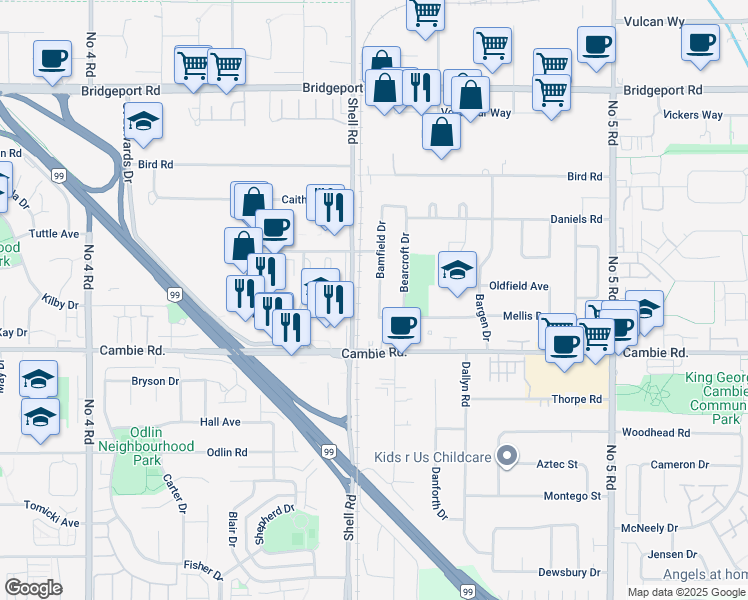 map of restaurants, bars, coffee shops, grocery stores, and more near 3739 Bamfield Drive in Richmond