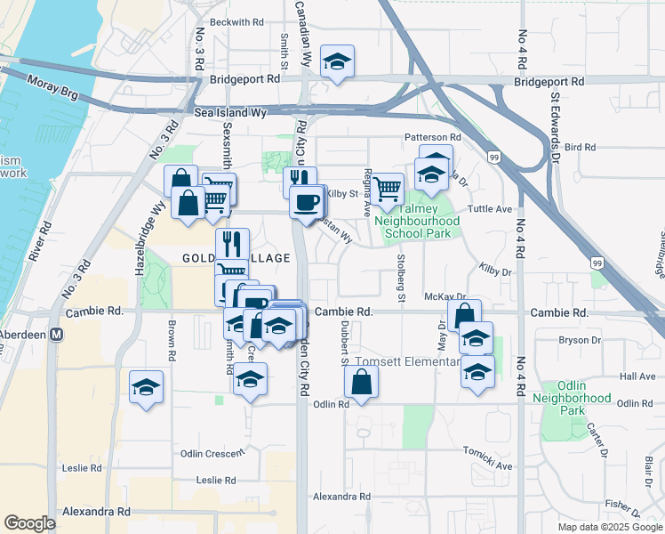 map of restaurants, bars, coffee shops, grocery stores, and more near 3500 Cunningham Drive in Richmond