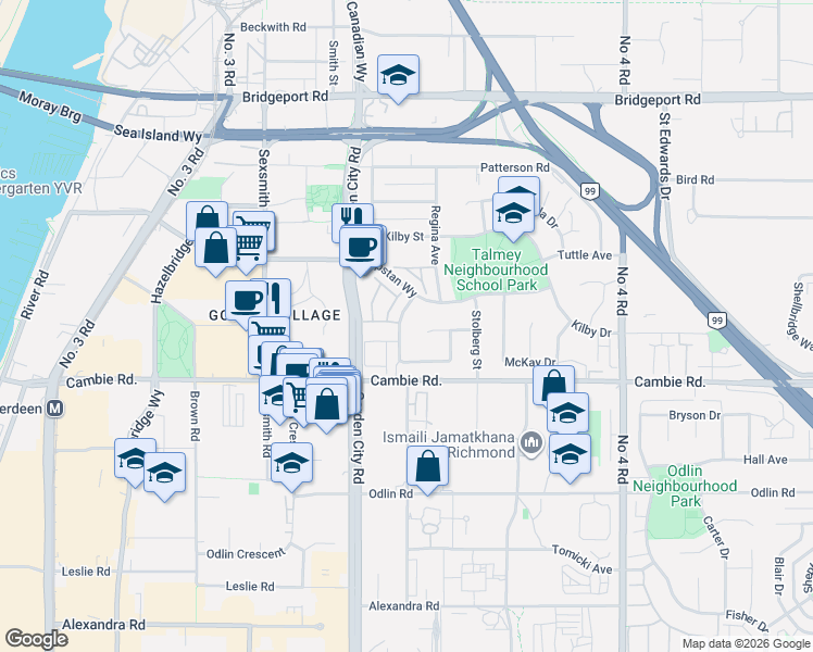 map of restaurants, bars, coffee shops, grocery stores, and more near 3591 Cunningham Drive in Richmond