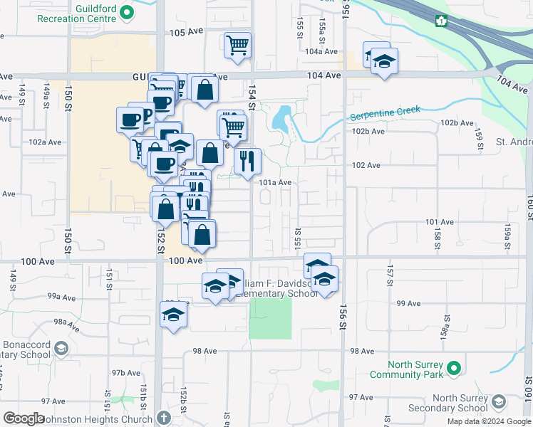 map of restaurants, bars, coffee shops, grocery stores, and more near 10094 154 Street in Surrey