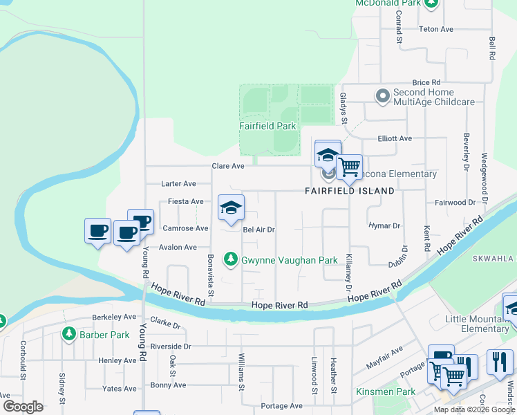 map of restaurants, bars, coffee shops, grocery stores, and more near 46232 Strathcona Road in Chilliwack