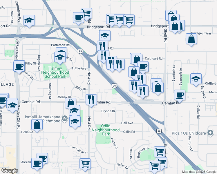 map of restaurants, bars, coffee shops, grocery stores, and more near 10331 Kilby Drive in Richmond