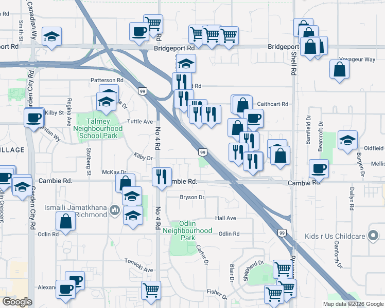 map of restaurants, bars, coffee shops, grocery stores, and more near 10331 Kilby Drive in Richmond