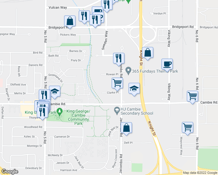 map of restaurants, bars, coffee shops, grocery stores, and more near 12851 Clarke Place in Richmond