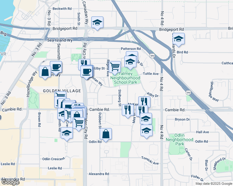 map of restaurants, bars, coffee shops, grocery stores, and more near 9311 Cunningham Place in Richmond