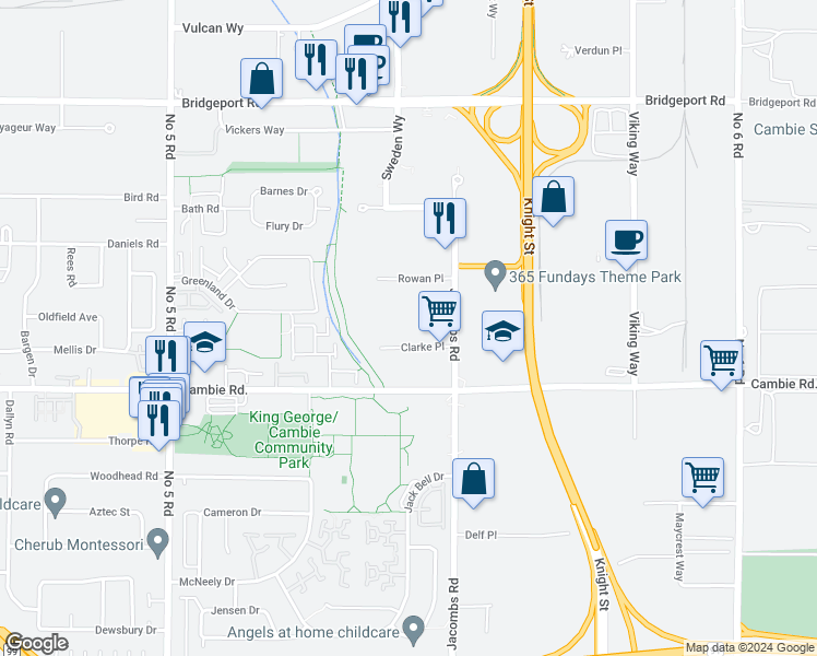 map of restaurants, bars, coffee shops, grocery stores, and more near 12851 Clarke Place in Richmond