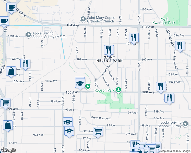 map of restaurants, bars, coffee shops, grocery stores, and more near 10098 Park Drive in Surrey