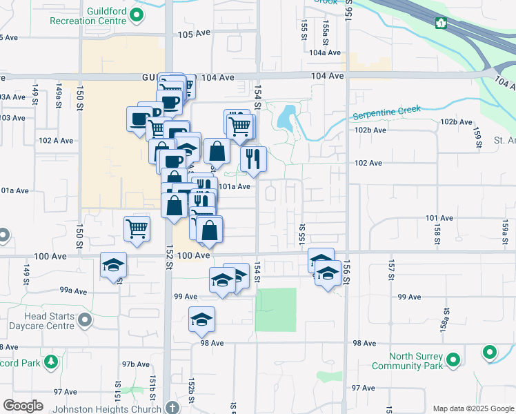 map of restaurants, bars, coffee shops, grocery stores, and more near 10094 154 Street in Surrey