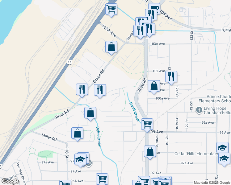 map of restaurants, bars, coffee shops, grocery stores, and more near 11837 River Road in Surrey