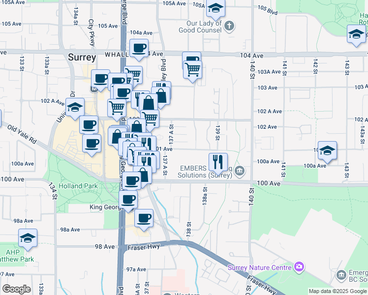 map of restaurants, bars, coffee shops, grocery stores, and more near in Surrey