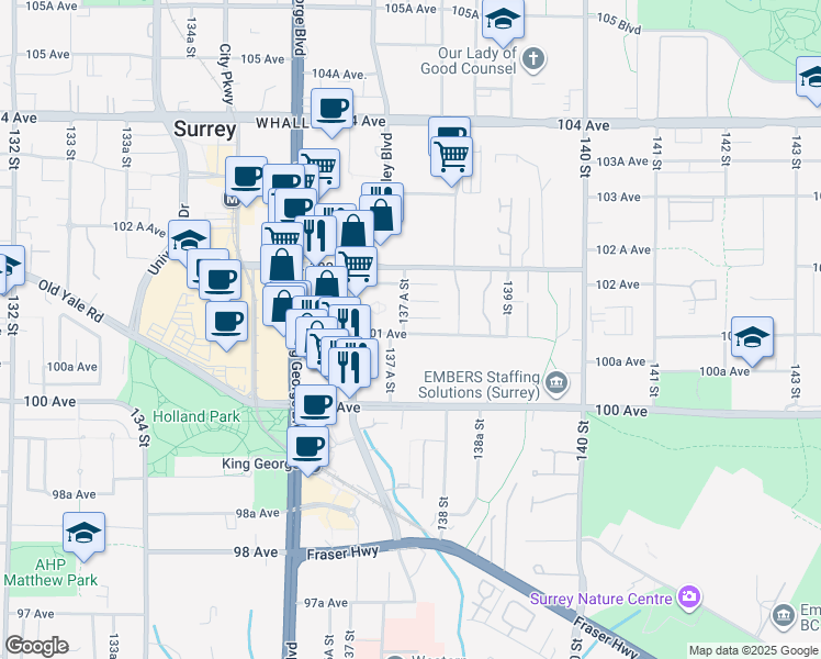 map of restaurants, bars, coffee shops, grocery stores, and more near 13763 101 Avenue in Surrey