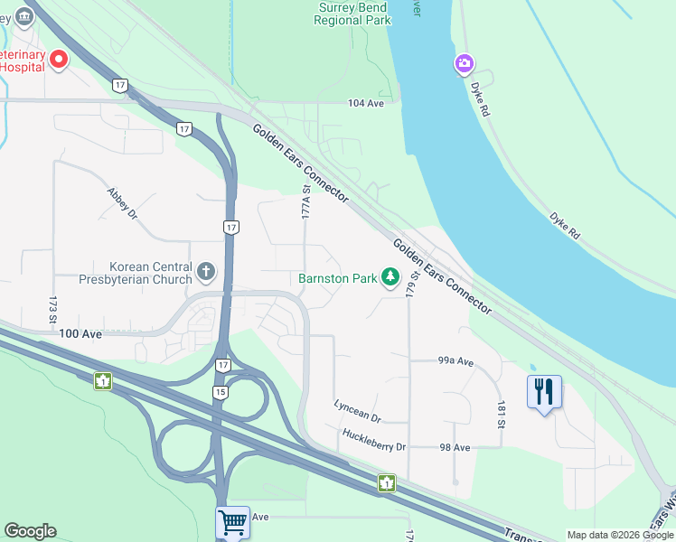 map of restaurants, bars, coffee shops, grocery stores, and more near 10113 Elderberry Crescent in Surrey