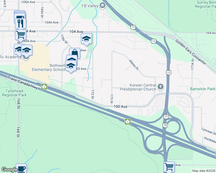 map of restaurants, bars, coffee shops, grocery stores, and more near 10107 173 Street in Surrey