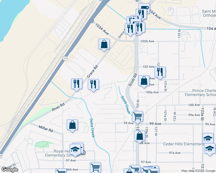 map of restaurants, bars, coffee shops, grocery stores, and more near 11837 River Road in Surrey