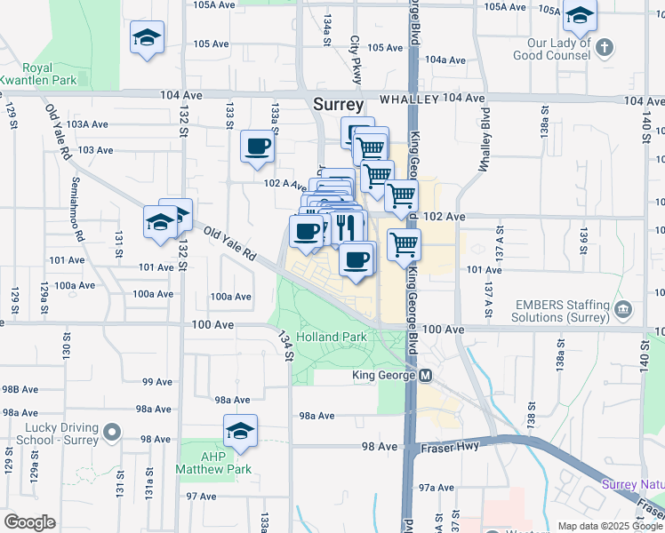 map of restaurants, bars, coffee shops, grocery stores, and more near 13450 102 Avenue in Surrey