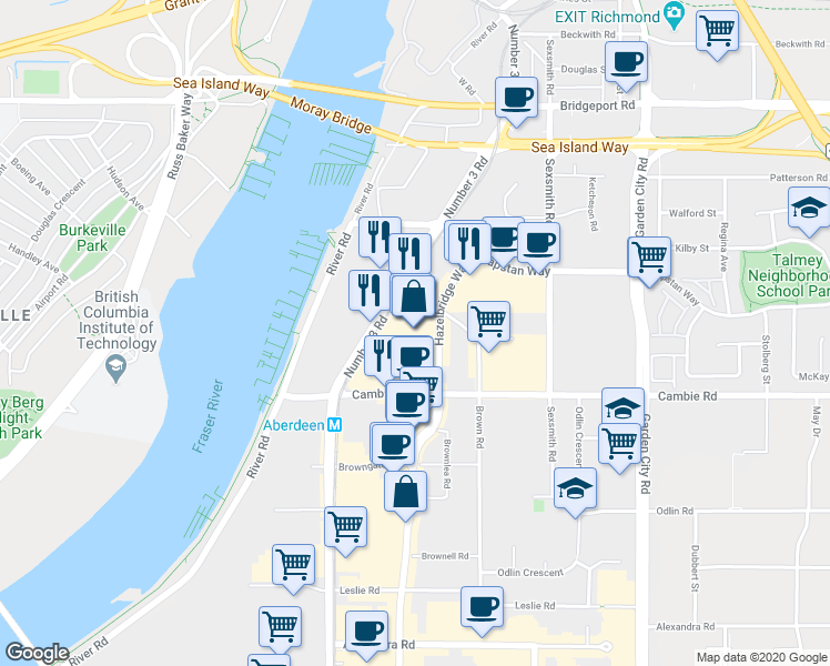 map of restaurants, bars, coffee shops, grocery stores, and more near 3700 Number 3 Road in Richmond