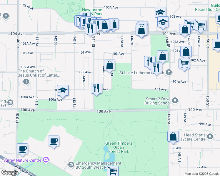 map of restaurants, bars, coffee shops, grocery stores, and more near 14477 101 Avenue in Surrey