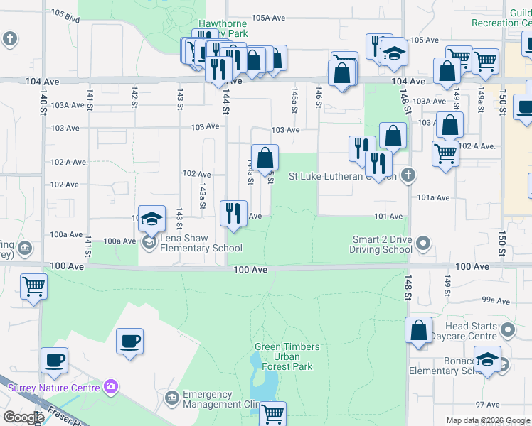map of restaurants, bars, coffee shops, grocery stores, and more near 14477 101 Avenue in Surrey