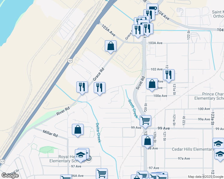 map of restaurants, bars, coffee shops, grocery stores, and more near 11837 River Road in Surrey