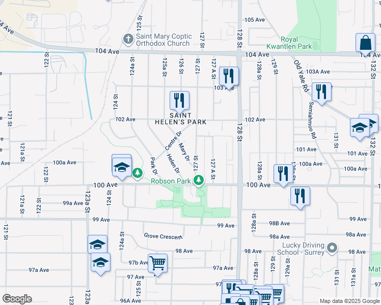 map of restaurants, bars, coffee shops, grocery stores, and more near 10099 127 Street in Surrey