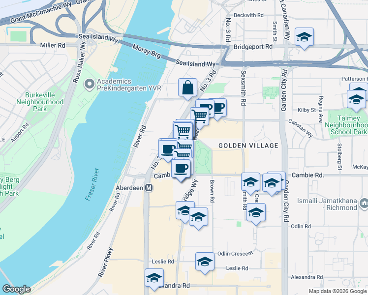 map of restaurants, bars, coffee shops, grocery stores, and more near 3700 Number 3 Road in Richmond