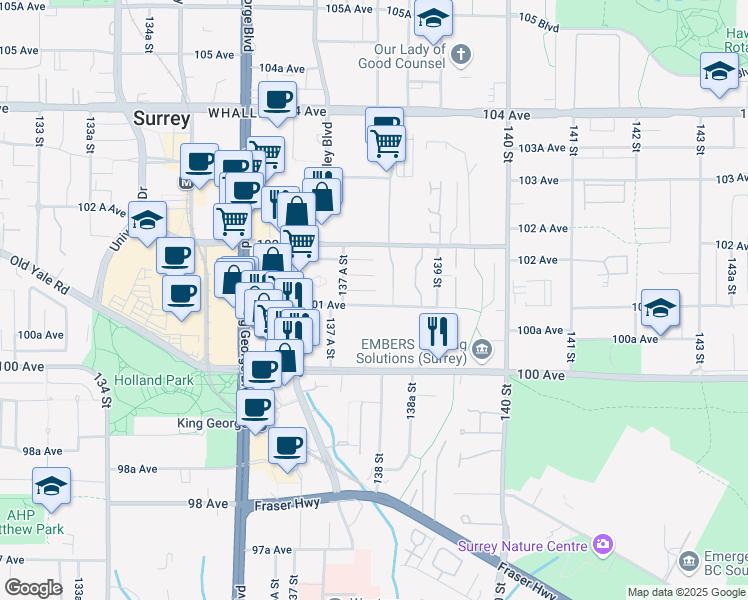 map of restaurants, bars, coffee shops, grocery stores, and more near 13799 101 Avenue in Surrey