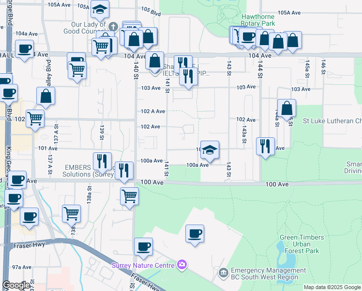 map of restaurants, bars, coffee shops, grocery stores, and more near 14145 101 Avenue in Surrey