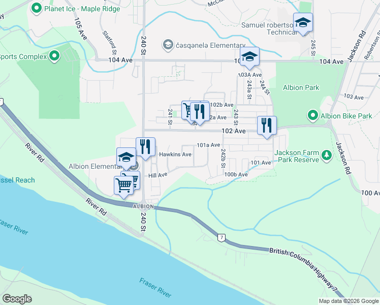 map of restaurants, bars, coffee shops, grocery stores, and more near 10131 241A Street in Maple Ridge