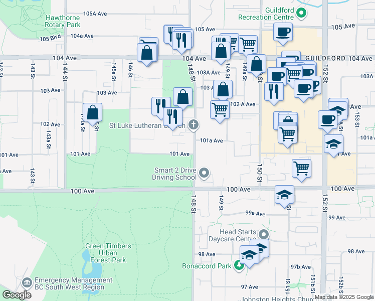 map of restaurants, bars, coffee shops, grocery stores, and more near 14783 101 Avenue in Surrey