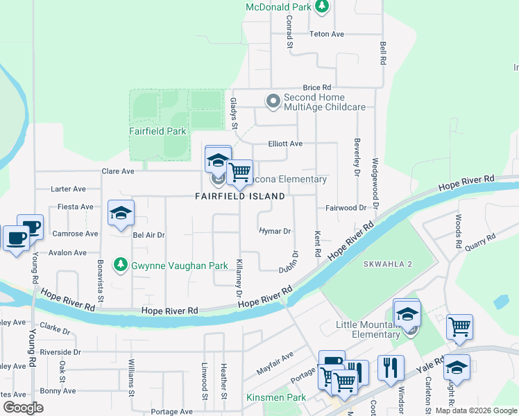 map of restaurants, bars, coffee shops, grocery stores, and more near 10165 Hymar Drive in Chilliwack