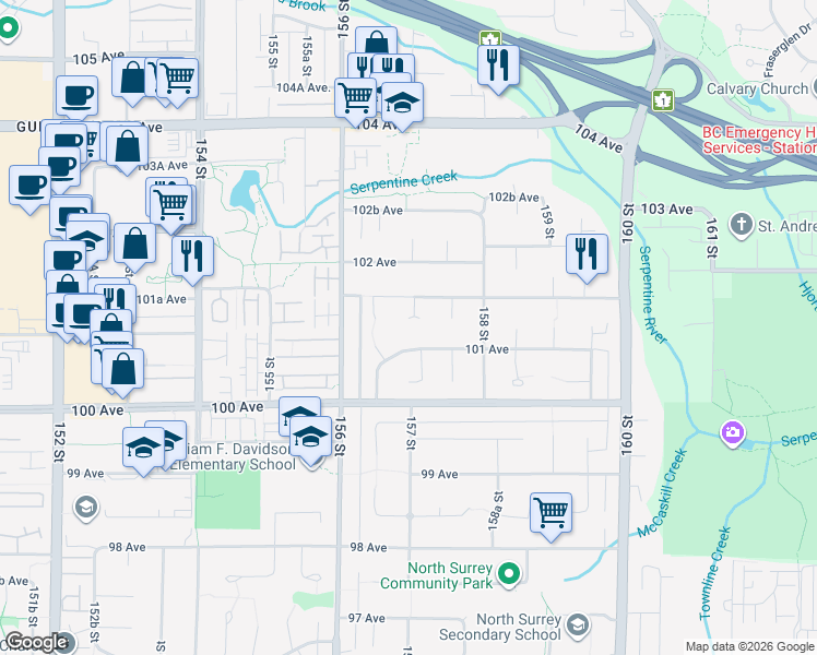 map of restaurants, bars, coffee shops, grocery stores, and more near 10123 157 Street in Surrey