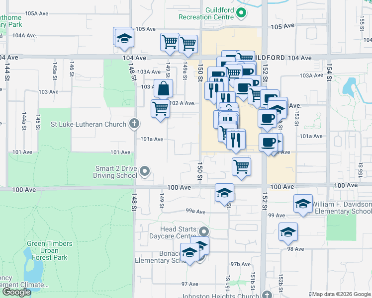 map of restaurants, bars, coffee shops, grocery stores, and more near 14968 101A Avenue in Surrey
