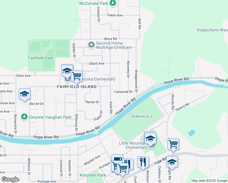 map of restaurants, bars, coffee shops, grocery stores, and more near 10185 Kent Road in Chilliwack