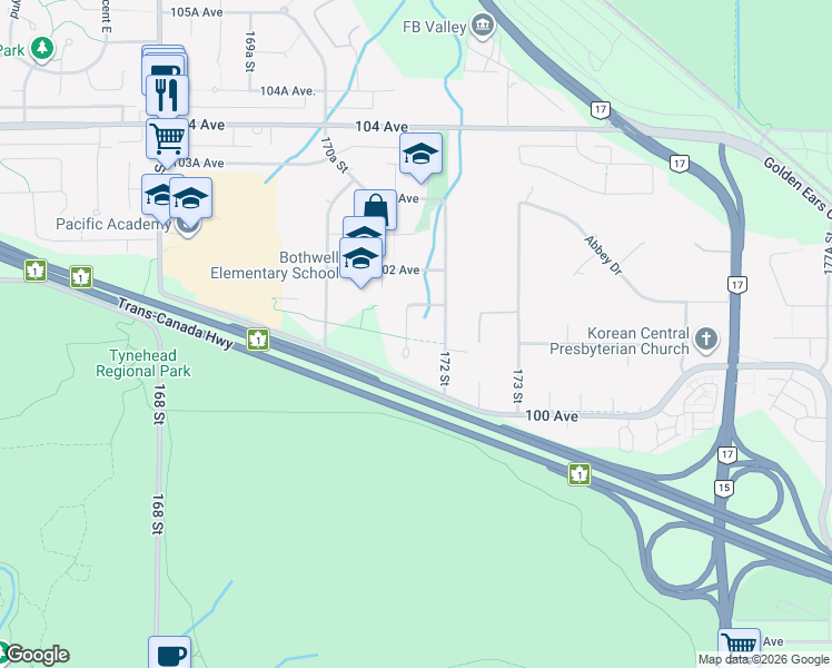 map of restaurants, bars, coffee shops, grocery stores, and more near 10106 171A Street in Surrey