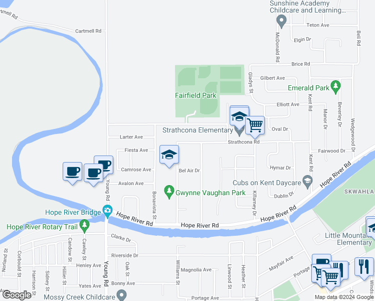 map of restaurants, bars, coffee shops, grocery stores, and more near 46232 Strathcona Road in Chilliwack