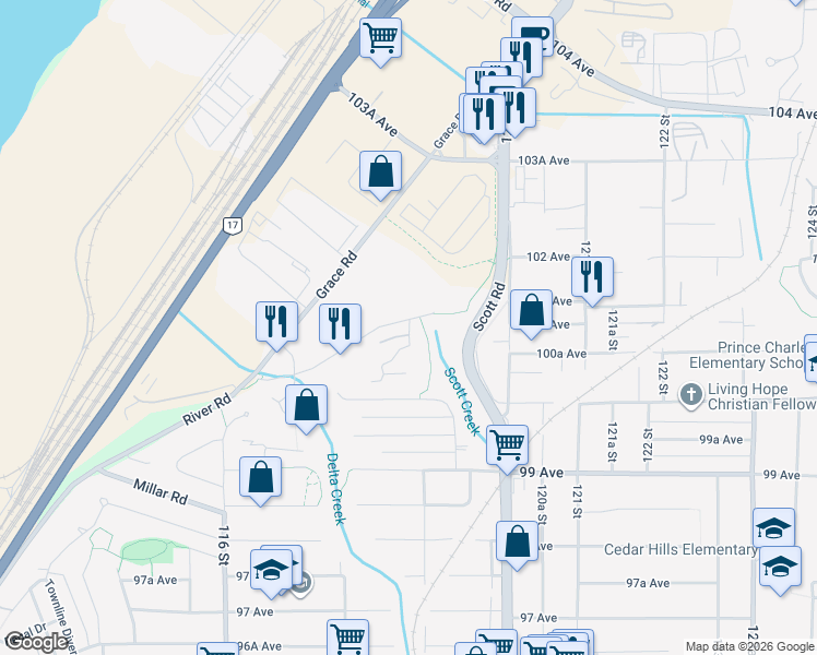 map of restaurants, bars, coffee shops, grocery stores, and more near 11870 River Road in Surrey
