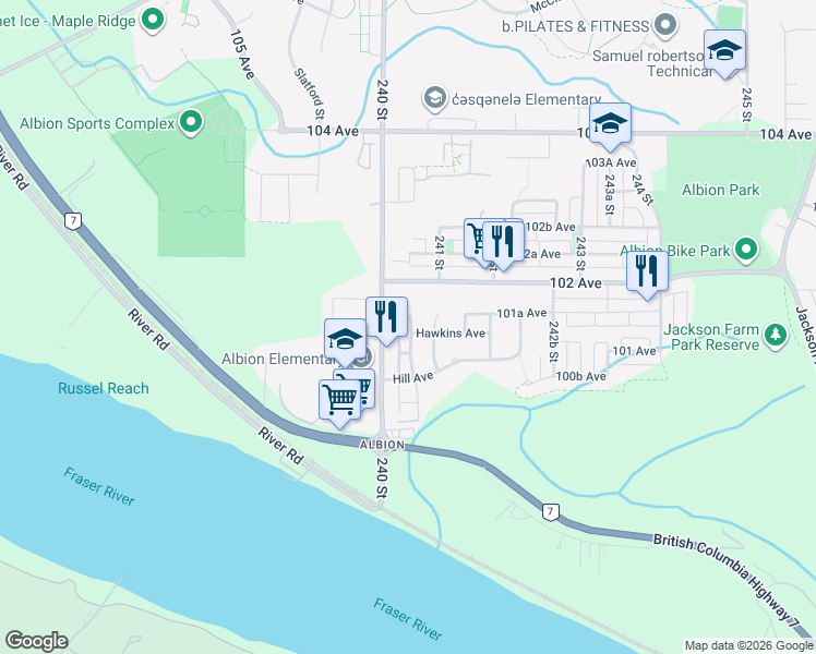 map of restaurants, bars, coffee shops, grocery stores, and more near 240A 240A Street in Maple Ridge