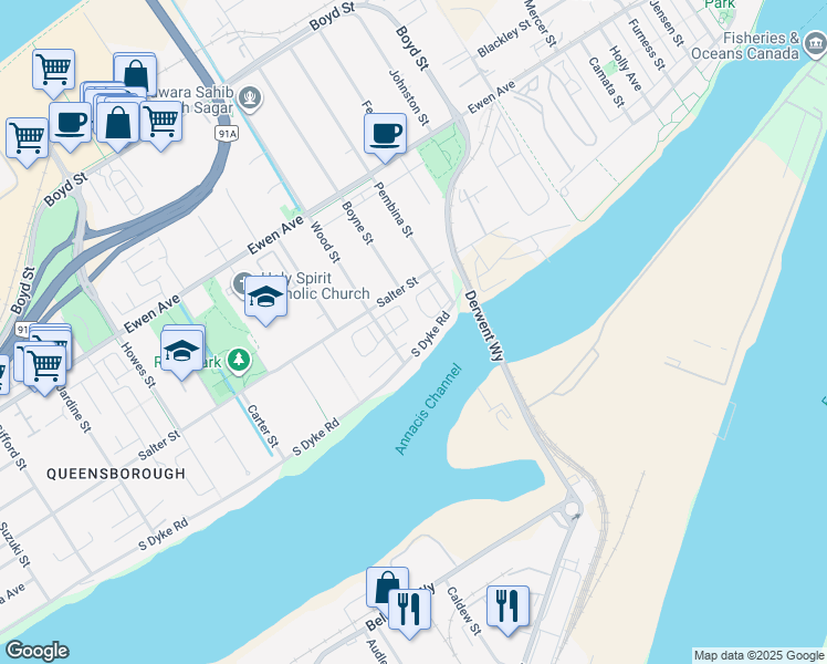map of restaurants, bars, coffee shops, grocery stores, and more near 629 South Dyke Road in New Westminster