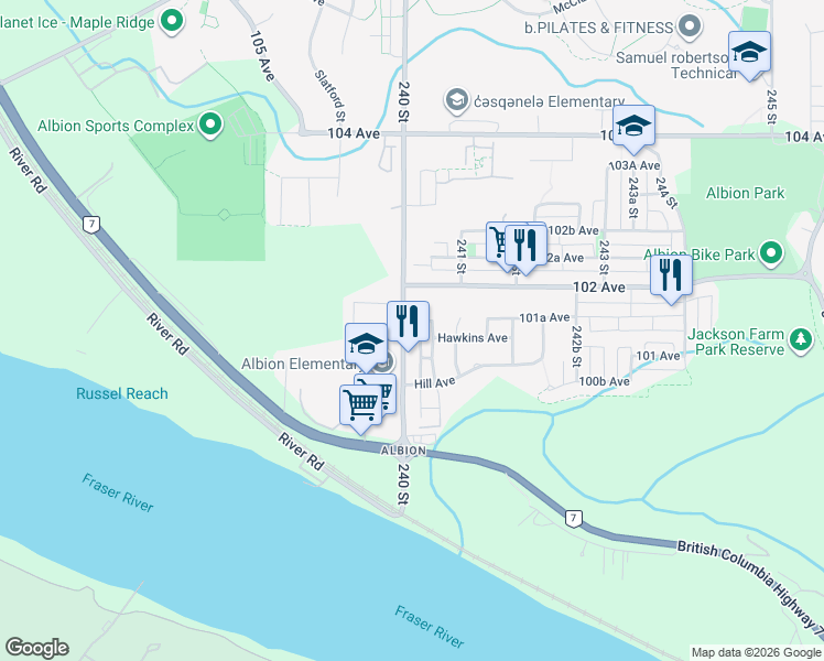 map of restaurants, bars, coffee shops, grocery stores, and more near 10138 240 Street in Maple Ridge