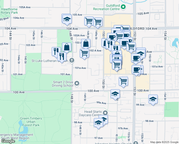 map of restaurants, bars, coffee shops, grocery stores, and more near 14980 101A Avenue in Surrey