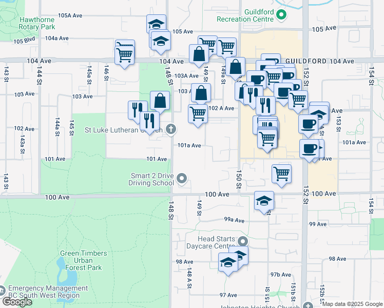 map of restaurants, bars, coffee shops, grocery stores, and more near 14870 101A Avenue in Surrey