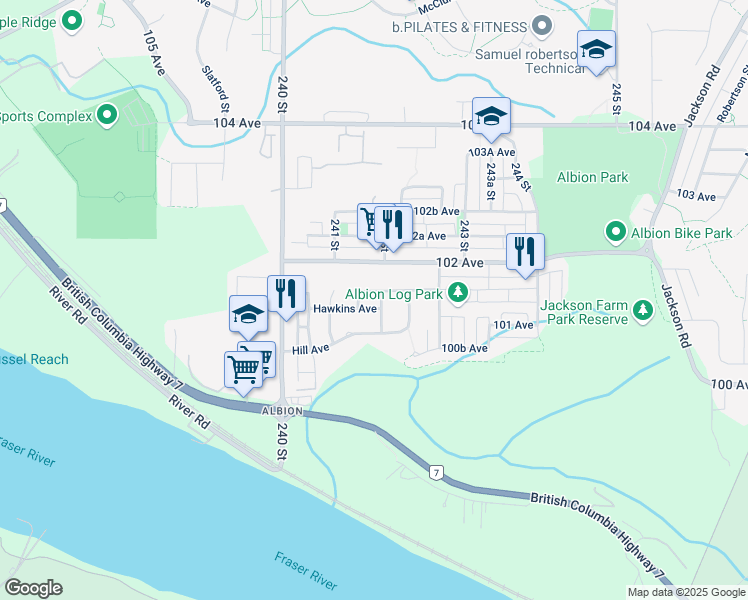 map of restaurants, bars, coffee shops, grocery stores, and more near 10141 241A Street in Maple Ridge